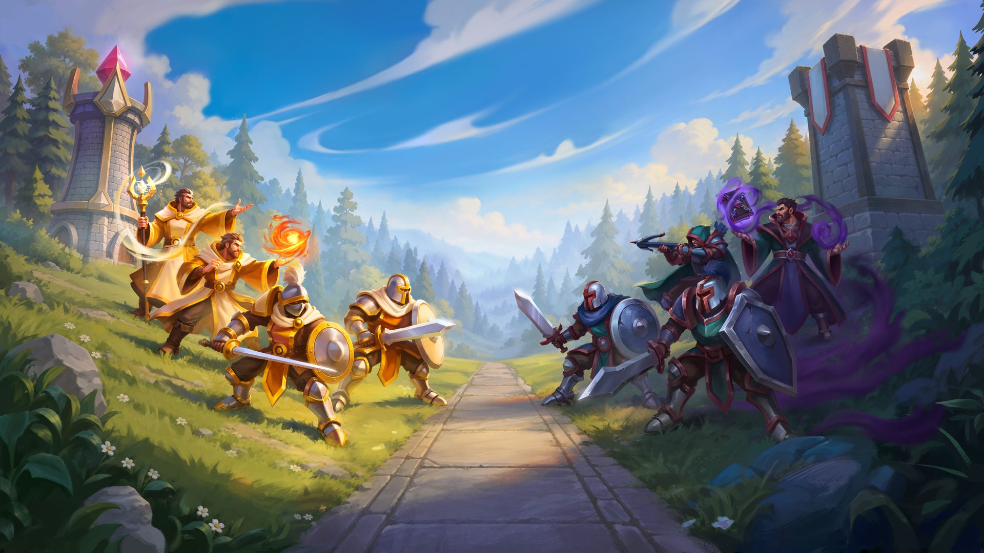 Two armies meet on a stone causeway between a fortress of light and a burning host